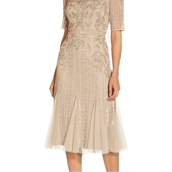 Adrianna Papell Illusion Beaded Mesh Boat Neck Short Sleeve Dress in Biscotti - Picture 7 of 9